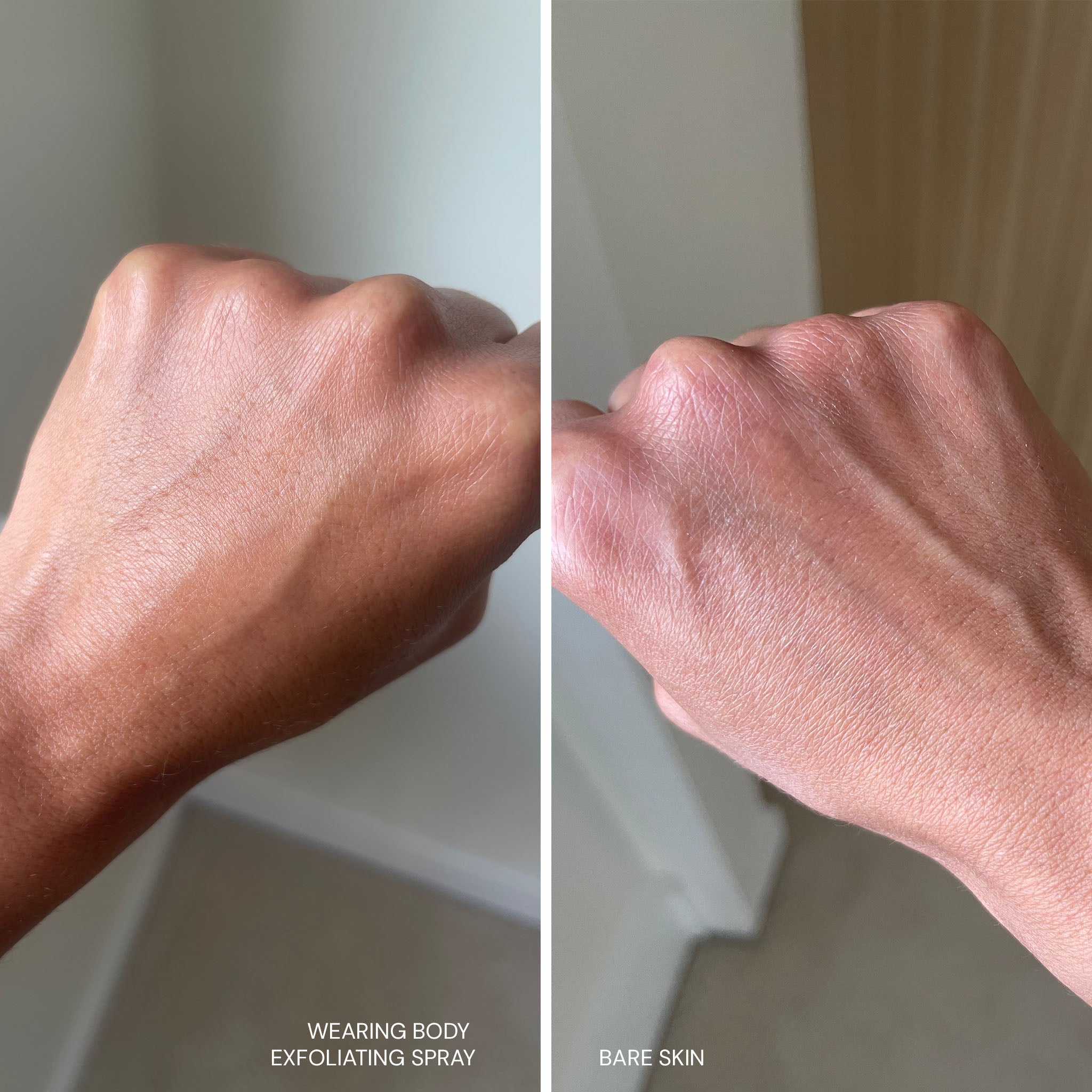 Comparison of a hand wearing body exfoliating spray versus bare skin on a neutral background.