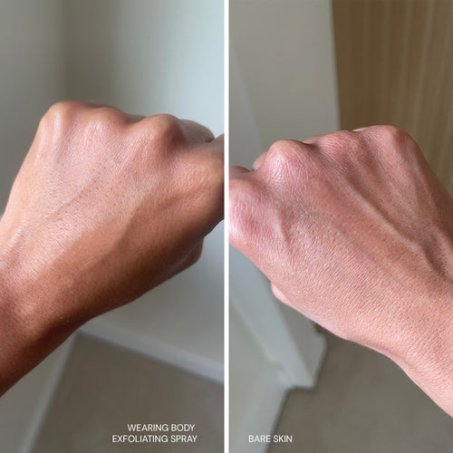 Comparison of a hand wearing body exfoliating spray versus bare skin on a neutral background.