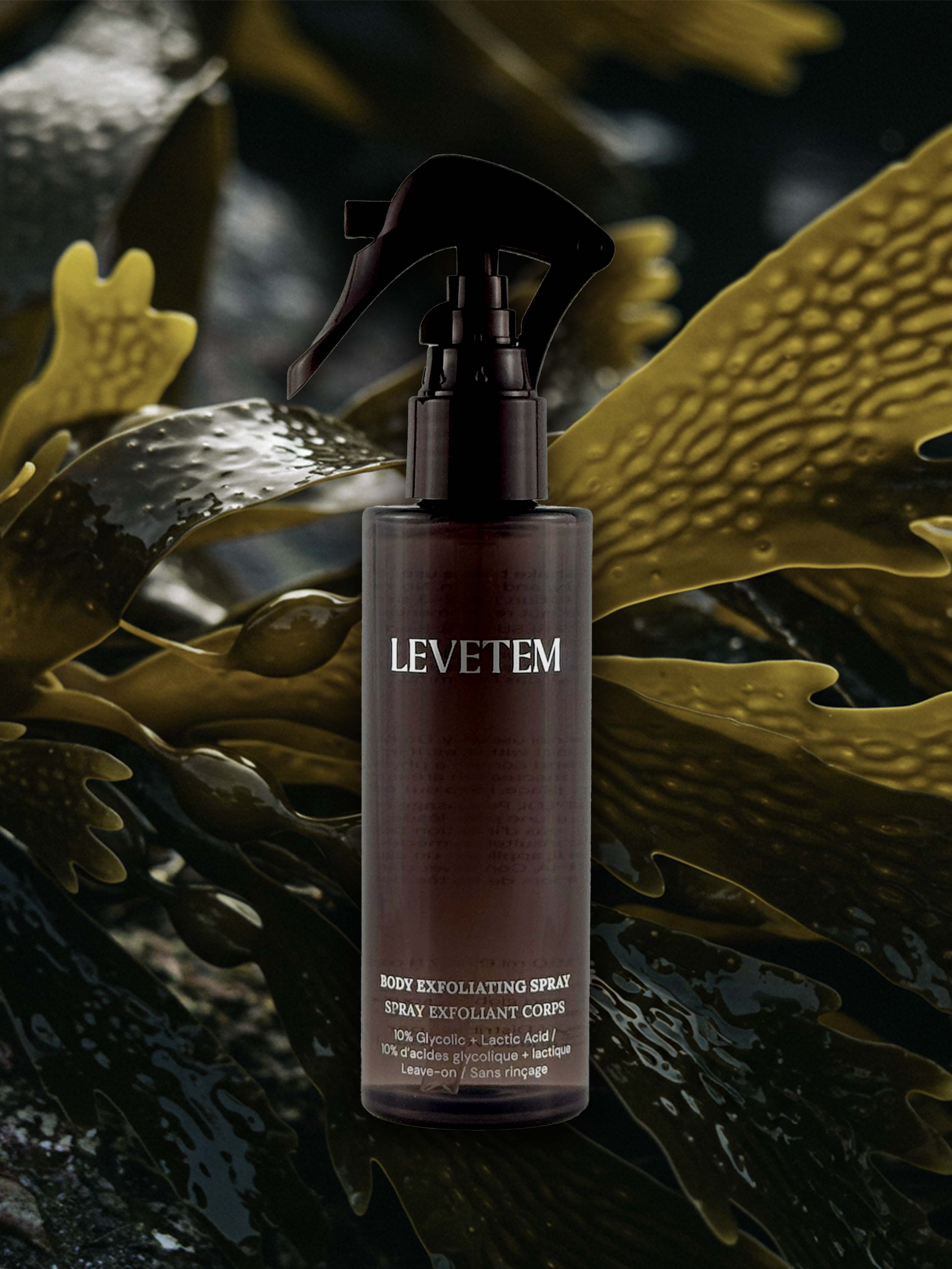 Levetem body exfoliating spray bottle on a background of kelp