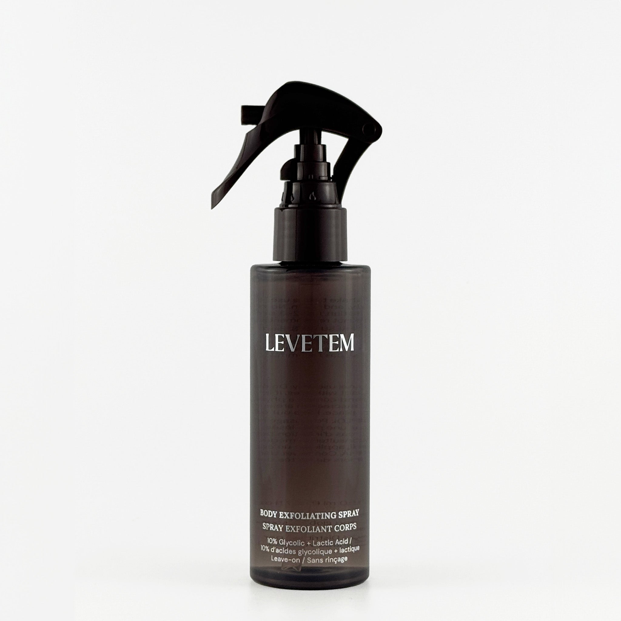 Levetem body exfoliating spray bottle on a light-grey background