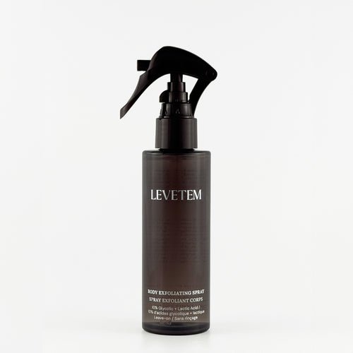 Levetem body exfoliating spray bottle on a light-grey background