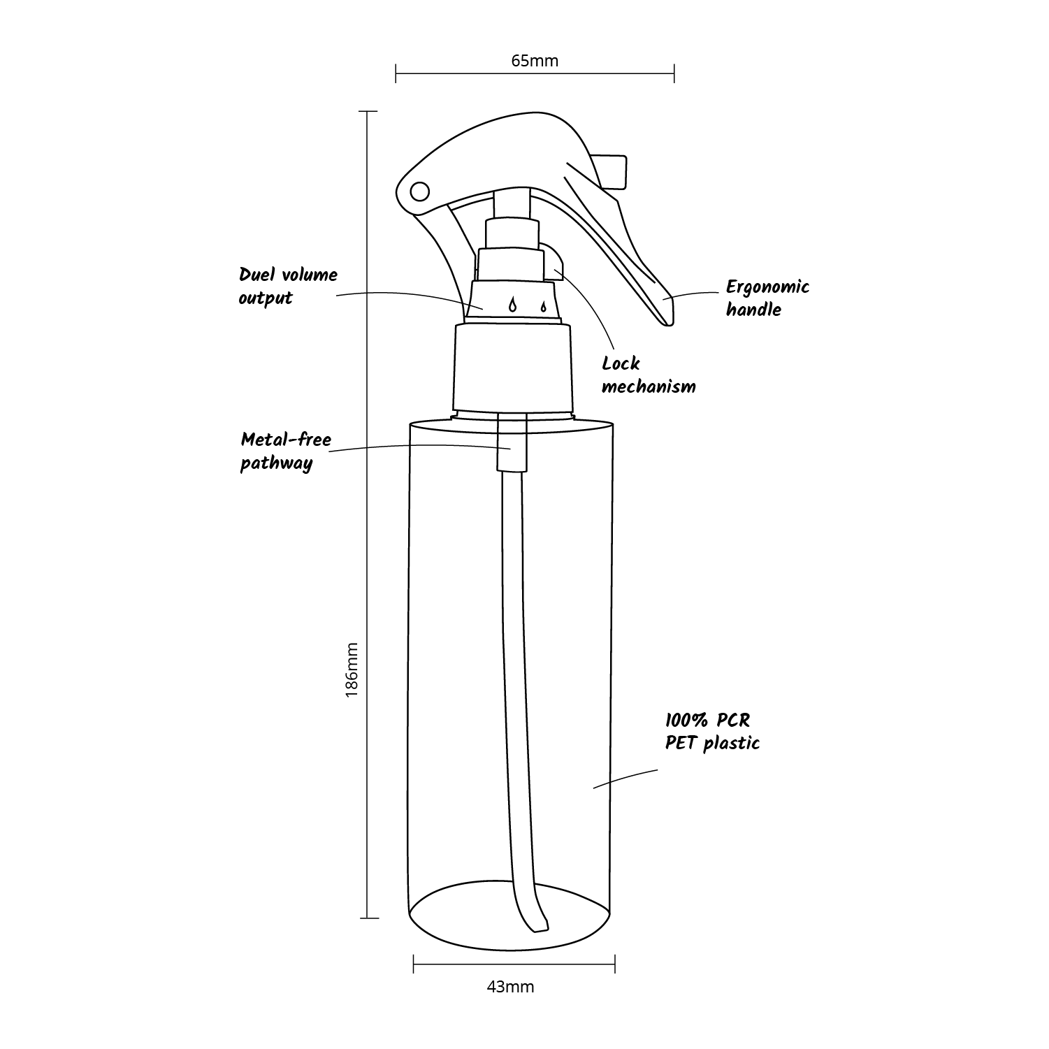 Technical drawing of a spray bottle with labeled features and dimensions on a white background.