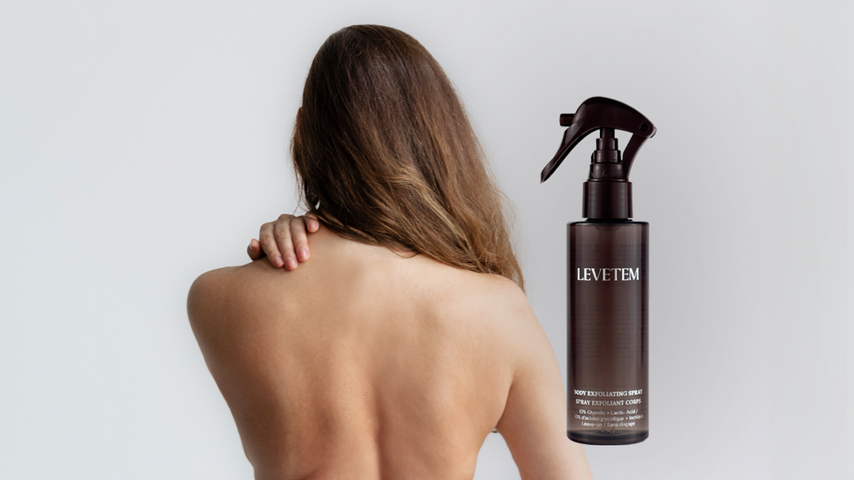 Hero banner - A women's back next to a Levetem exfoliating spray