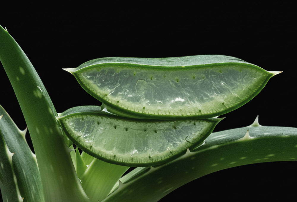 Close-up of a green aloe vera leaf with a black background